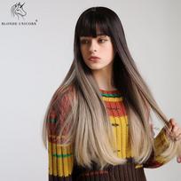 BLONDĖS VIENRAGIS Ilgi tiesūs perukai su kirpčiukais Ombre Brown Blonde 62cm šviesiai ruda spalva