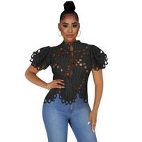 „Hlow Out“ naktinis klubas Moteriška Seksuali Palaidinė Puff Rankovės Vintažinė vasaros viršutinė sagomis aukštyn stovi netaisyklingi elegantiški marškiniai Lady Blusas 26527 S juoda