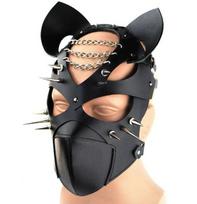 Kniedinė odinė kaukė vyrams moterims Reguliuojamas Cosplay Unisex Diržas Fetišas Helovino Kostiumų vakarėlio kaukės juoda