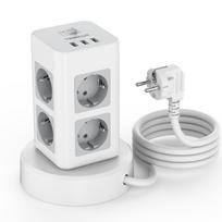 TESSAN bokštas kelių maitinimo juostelių vertikalus EU kištukas 8 lizdai su 4 USB prievadais viršįtampių apsauga nuo perkrovos 2 m ilgintuvas 8 Outlets & 3 USB Ports balta