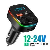 3 viename automobilio Bluetooth 5.0 FM siųstuvas Mp3 grotuvas 3.4A dviejų prievadų USB + C tipo PD greitasis įkroviklis su nuotolinio valdymo pulteliu aplinkos šviesos belaidžiu garso imtuvu With Remote Control