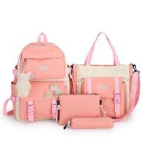 Set of 4 Backpack Set Canvas School Bag Bookbag Large Capacity Shoulder Travel Bag Handbag Pencil violetinė