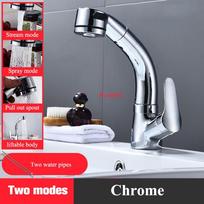 Matinės juodos spalvos vonios praustuvo maišytuvas, ištraukiamas snapelis, pasukamas pakeliamas korpusas, montuojamas karšto ir šalto vandens maišytuvo čiaupas