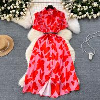 Chic Elegant Print Edible Tree Fungus Short Sleeve Elegant Turn-down Collar Bodycon Dress Fashion Slim summer dresses One Size rožinė/raudona