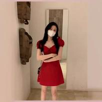 GMXIA Red Square Neck Puffy Sleeve Dress Women's Summer Design Waist Slimming A-line Skirt S raudona