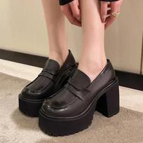 fashion 10CM Women Platform Loafers Black Super High Chunky Heels Party Club Ladies British Slip-on Square Toe Thick Bottom Pumps 35