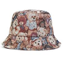 Cartoon Bear Fisherman Hat Summer Flat Top Sunscreen Hats Women Outdoor Travel Beach Cap Bucket Hat Cotton Caps chaki