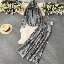 Women Vintage Print Knit 2 Piece Sets Women Casual Knitwear Hooded Zipper Sweatshirts Coats Conjunto High Waist Wide Leg Pants Suits One size pilka