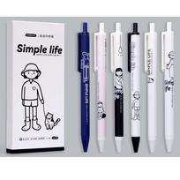 6 vnt. „Simple Life“ gelinių rašiklių rinkinys, animacinių paveikslėlių dizainas, spaudžiamas mechanizmas, 0,5 mm rutukinis, juodo rašalo, rašymui