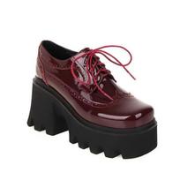 Fashion Spring Autumn Shoes Women Patent Leather Platform Shoes High Platform Chunky Heel Pumps Big Size 34-43 34 vyno raudonos spalvos