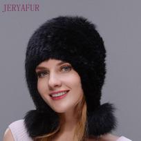 JERYAFUR audinės kepurė Tikras natūralus audinės kailis Uždaryti austinė kepurė Moteriška žieminė kepurė Lapės kailiai Pom Poms stori ir šilti CHINA&One Size juoda