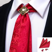 Hi-Tie vyno raudonas kaklaraištis vyrams kaklaraištis Hanky ​​rankogalių segtukai lydinio kaklaraištis žiedas Bolo Tie Boutonniere rinkinys N-0306