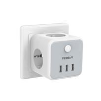 TESSAN Travel USB lizdo adapteris su 3 kintamosios srovės lizdais, 3 USB prievadais (2.4A) ir maitinimo jungiklis, EU Wall Cube lizdas išmaniajam telefonui, planšetiniam kompiuteriui, fotoaparatui 3 Outlets & 3 USB Ports pilka spalva
