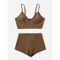 Briaunuoti šortai Moteriški maudymosi kostiumėliai aukštu juosmeniu, bikinis, moteriškas maudymosi kostiumėlis Dviejų dalių bikinio rinkinys Paminkštintas maudymosi kostiumėlis Moteriai S kava