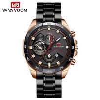 VA VA VOOM sportinis vyriškas laikrodis, madingas kvarcinis laikrodis Prabangus karinis nerūdijančio plieno vandeniui atsparus chronografinis odinis riešo laikrodis Stainless steel juoda/rožinio aukso spalvos