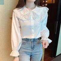 Spring Fashion Slim Fit Women White Casual Shirts Doll Collar Long Sleeve Lace Female Blouse XXL balta