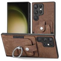 Piniginės kortelės lizdo dėklas, skirtas Samsung S23 S22 Ultra S21 S20 Fe A14 A34 A54 A13 A23 A33 A53 A12 A32 A52 / iPhone 14 13 12 11 Pirštų žiedo laikiklio odinis dangtelis iphone 7 8 se 2020 ruda