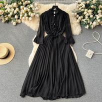 Elegantiškos šifoninės suknelės su apykakle, vasarinė, nauja, ilga rankovė, rusva suknelė moterims Y2k Sexy Little Waist Vestidos Mujer One Size juoda