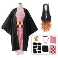 Suaugusiems vaikams Anime Demonų žudikas Kamado Nezuko Cosplay Kimono Kimetsu No Yaiba Nezuko Perukas Kostiumai Drabužiai Helovinas Kimono Uniforma L-(Costume+Wig)
