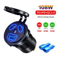 108w 3 jungčių automobilinio įkroviklio lizdas, dvigubas 45w Pd tipas C ir 18w Qc 3.0 su voltmetru greito įkrovimo 3.0 USB įkrovikliu automobiliniam motociklui mėlyna