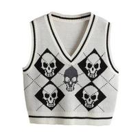 Gotikinis megztinis megztinis liemenė Skull Argyle spausdinto rašto trikotažas V formos iškirptės megztinis Madingas megztinis Topas moteriškas Helovino gatvės drabužis XL balta