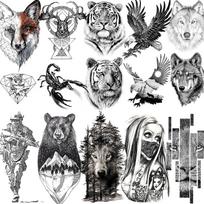 10 lapų 3D gyvūnų laikinos tatuiruotės vyrams, moterims, suaugusiems, rankos tatuiruotės lipdukai, realistiški netikri liūto, vilko, tigro, kareivio juodi tatuiruočių lipdukai