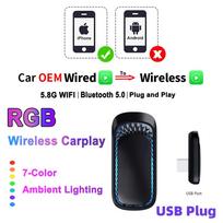 RGB spalvotas „Carplay“ belaidis adapteris „Smart AI Box Carplay“ OEM laidinis „Carplay“ su belaidžiu „Carplay“ USB raktu MINI Car Play USB