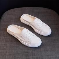 Natūralios odos Baotou Pusinės šlepetės Moteriški Viršutiniai Drabužiai Vasaros Naujas Stilius Lazy Slip-On Minkštas Padas Pusiau šlepetės Maži Balti Batai 35