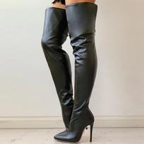 Seksualūs moterų batai virš kelių Mergaičių aukštakulniai batai Motociklui su užtrauktuku su smailia nosimi didelio dydžio batai 34 juoda