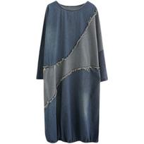 Color Blocking Splicing Denim Dress Women Spring and Autumn Raw Edge Loose Mid-length  Dresses M mėlyna