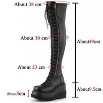 fashion Gothic Thigh High Boots Women Platform Wedges Motorcycle Boot Over The Knee Army Stripper Heels Punk Lace-up Belt Buckle Long 35 juoda