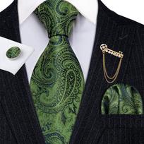 Auksinis segės segtukas su kaklaraiščiu vyrams Green Paisley žakardo šilko kaklaraištis Hanky ​​rankogalių sąsagos vestuvių pasimatymams rinkinys 5165