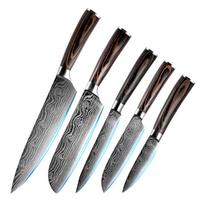 Damasko virėjo peilis 5 vnt Damasko virtuvės peilis medinės rankenos pjaustymo įrankis Santoku pjaustymo virėjas 1 set knife gray