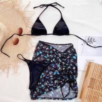 „Halter Butterfly“ margintas bikinis, moteriškas maudymosi kostiumėlis, moteriškas maudymosi kostiumėlis Trijų dalių bikinio rinkinys su sijonu, maudymosi kostiumėliu S juoda