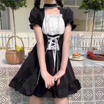 Gotikinė suknelė Suknelės trumpomis rankovėmis Moteriškos mielos japoniško stiliaus Lolita Bandage Sweet Girl Kawaii Dizaineris Vakarėlis Streetwear Prašmatnus moteriškas kratinys S juoda