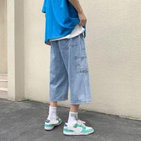 Didelės vyriškos vasaros gatvės apranga Y2K drabužiai Retro džinsai Baggy Džinsai Trend elastingas juosmuo Tiesus apkarpytos kelnės Šortai Vyriški sportiniai kelnės 3XL mėlyna