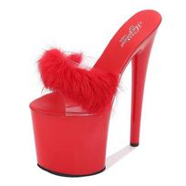 Moteriškos basutės Triušio plaukams Itin aukšti kulniukai ploni kulniukai Seksualūs vandeniui atsparūs šlepetės moteriškos 17 cm kulnas 7 cm aukštakulniai iš LFD 34 raudona