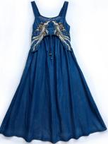 Johnature Women Spring Fashion Embroidery Dress Design Vintage Solid Color Casual Suspenders Dress M mėlyna