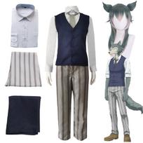 Anime Beastars Legoshi Cosplay Kostiumas Antropomorfinis Pelenų Spalvos Perukas su Mėlynu Kostiumu Aksesuarai Apranga Legosi Helovino Uniforma L-(Costume+Wig)