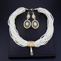 Aukso spalvos krištolo karoliukų karoliai Pearl Choker karoliai auskarai arabiški nuotakos vestuvinių papuošalų rinkiniai balta