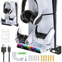 Sieninio tvirtinimo rinkinys, skirtas PS5 Slim / PS5 konsolei - dviguba įkrovimo stotis, suderinama su Playstation 5 priedais - 15 RGB Light - 3 USB HUB - ausinių laikiklis