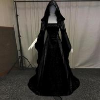 Moteriška madinga suknelė ilgomis rankovėmis su gobtuvu iki grindų ilgio Cosplay suknelė M juoda