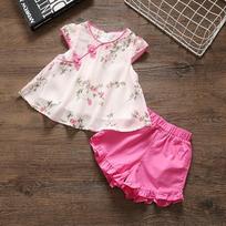 2PCS Children Clothing Set Spring Summer Tang Costume and Han Costume Girls Suits Printing Short Sleeve Tops + Pants Clothing Set 80 žalia