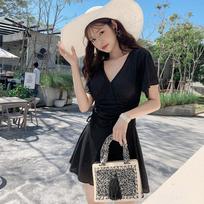 One-Piece Swimsuit Women's Skirt Thin V-neck Small Chest Gathering Boxer One-Piece Swimsuit Women's Skirt A-line Swim Dress XL