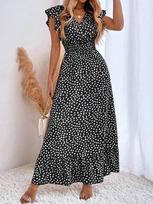 Ilgos šifono suknelės, vasarinės moteriškos suknelės be rankovių su V kaklu, taškuota suknelė Boho Beach Sundress Kasdieninės elegantiškos A linijos suknelės S juoda