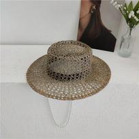 Ins Vasaros Natūralios druskos žolės ažūrinis audimas perlų grandinėlė Lady Fedoras Cap Moteriška Panamjazz Skrybėlė head size 57cm