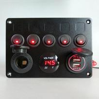 Truck Dual USB 5 Gang Perjungimo valdymo jungiklio skydelis RAUDONAS LED voltmetras 12V 24V Car Boat Marine None raudona