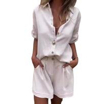 2 Pcs/Set Shirt Solid Color Short Blouse High Sleeves Lapel Collar Pants Suit Waist Loose Above M oranžinė