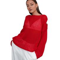 Women Knitting T-shirt Flared Long Shirt Solid Sleeve Hollow Tee Round Neck Color Loose Fit See-through Thin M raudona