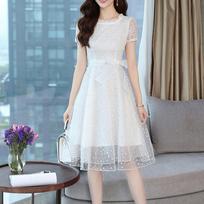 Summer Black Red White Lace Sexy Evening Sun Dress Hollow Out O-neck Ladies Party Club Dress L balta